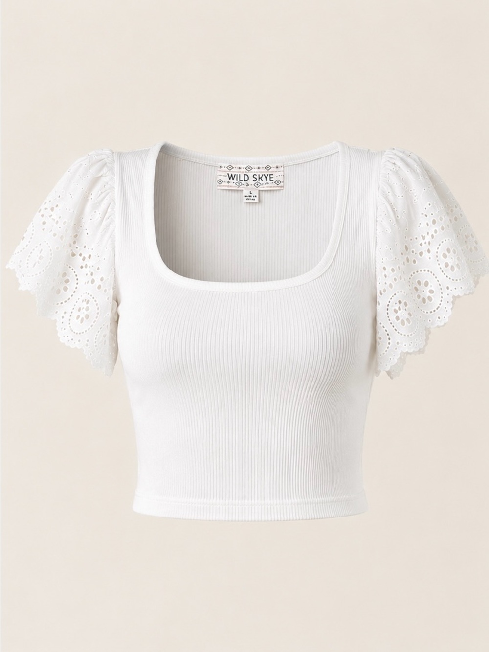 NWT Wild Skye Ivory Ribbed Crop Top Eyelet Flutter Sleeves Size Large